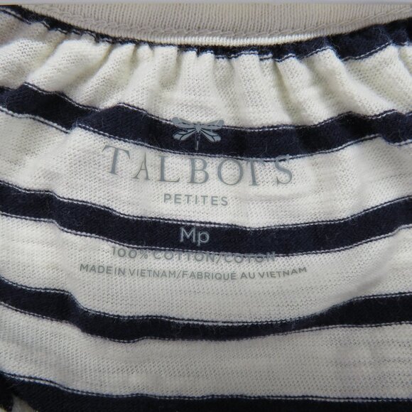 Talbots Shirt Womens Petite Medium Navy Striped Peasant 3/4 Sleeve Tie Neck - Picture 4 of 8